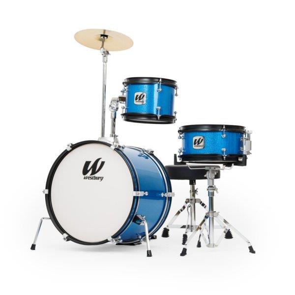 Westbury 3 PC Junior Drum Kit w/ Hardware, Cymbals & Throne - Blue Sparkle